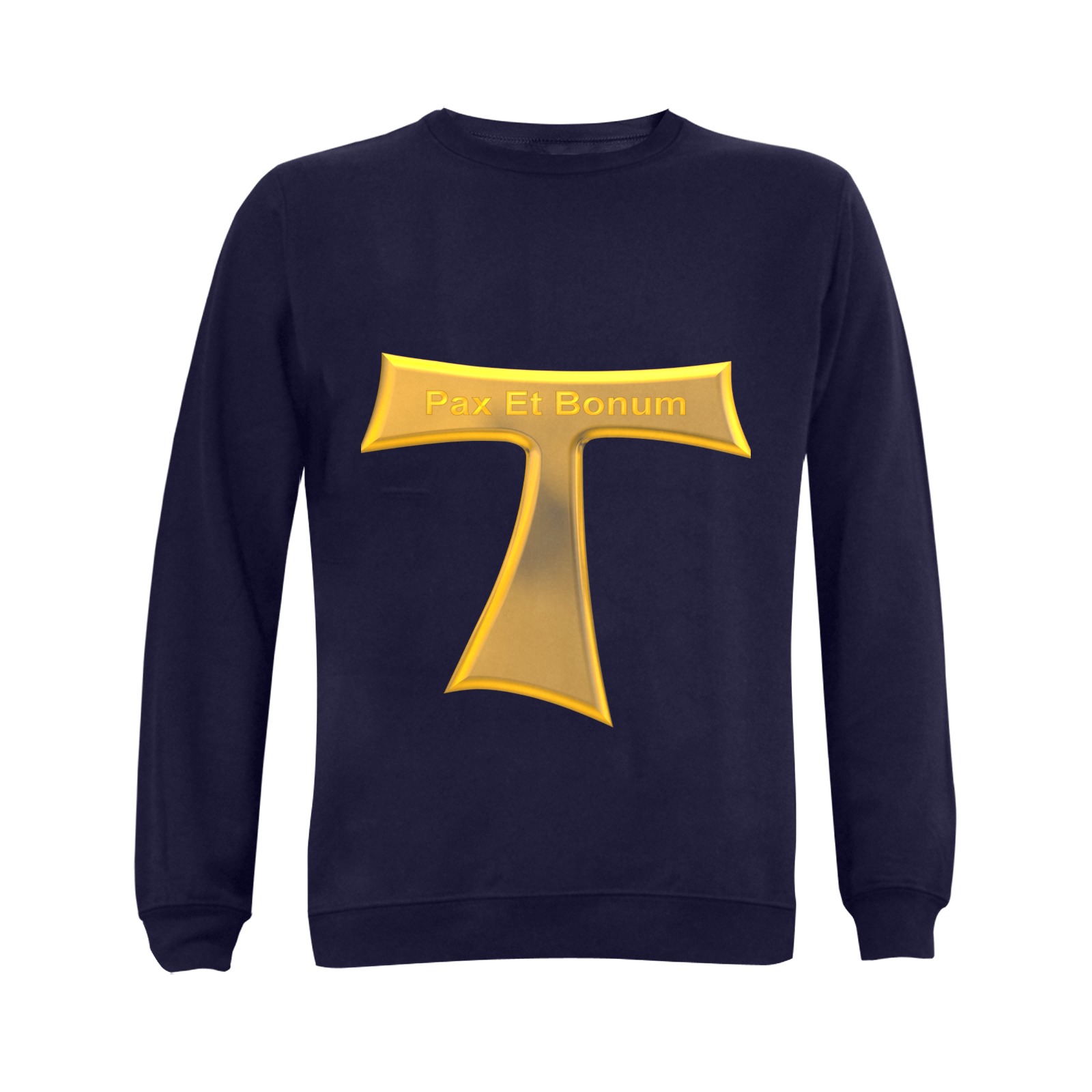Franciscan Tau Cross Pax Et Bonum Gold  Metallic Gildan Crewneck Sweatshirt(NEW) (Model H01)