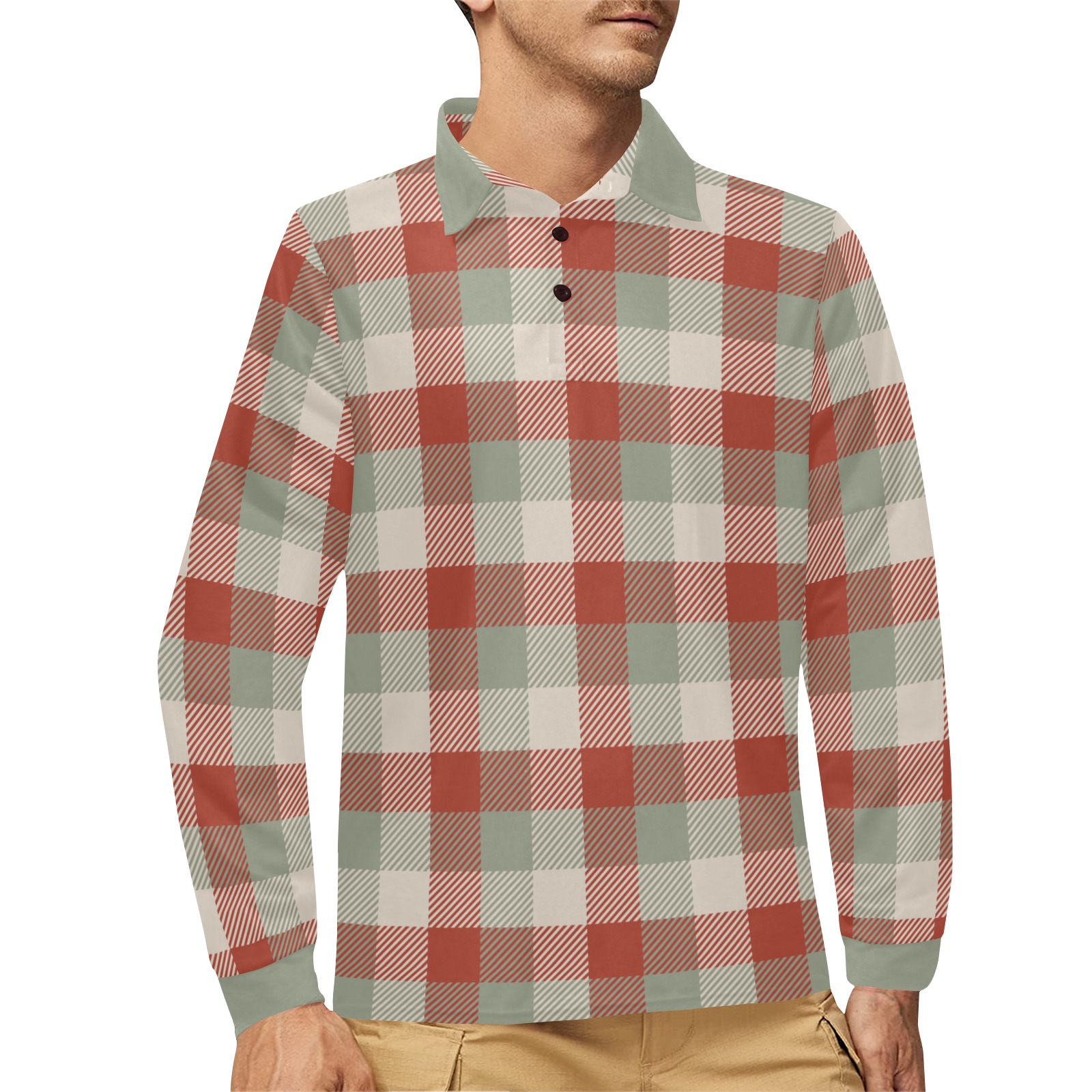 Vintage Plaid Men's Long Sleeve Polo Shirt (Model T73)