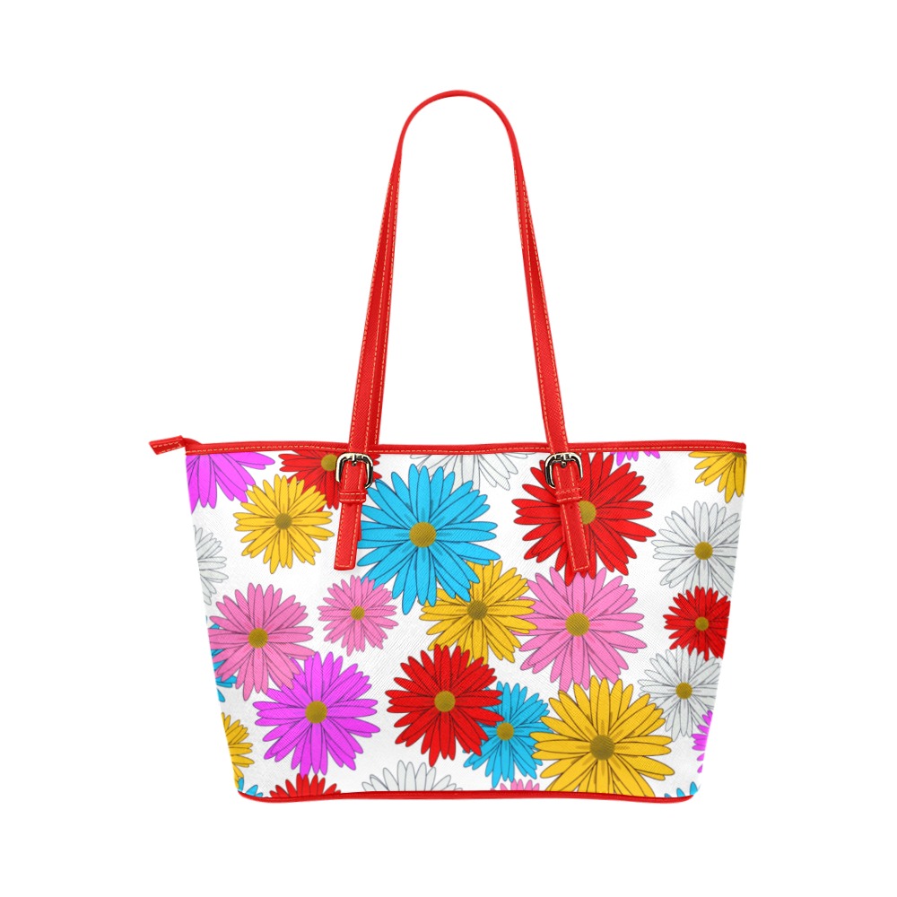 Daisies tote red Leather Tote Bag/Large (Model 1651)