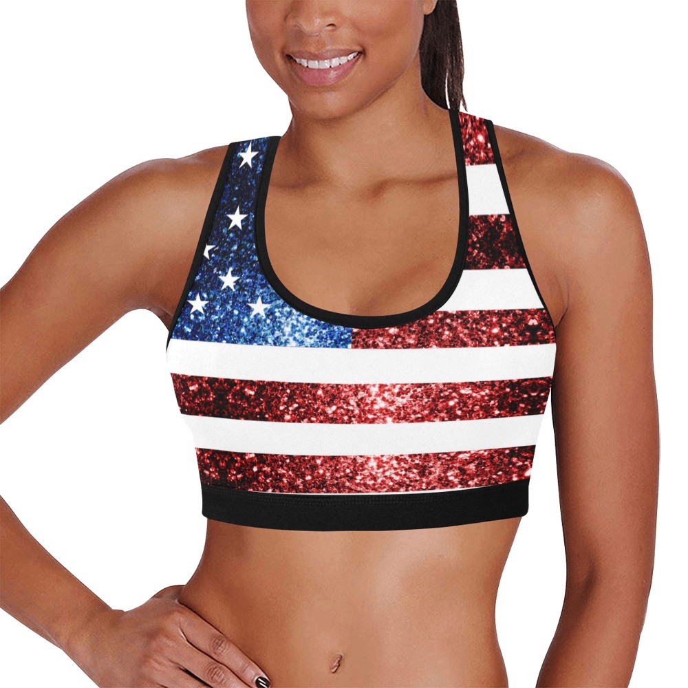 Sparkly USA flag America Red White Blue faux Sparkles patriotic bling 4th of July Women's All Over Print Sports Bra (Model T52)