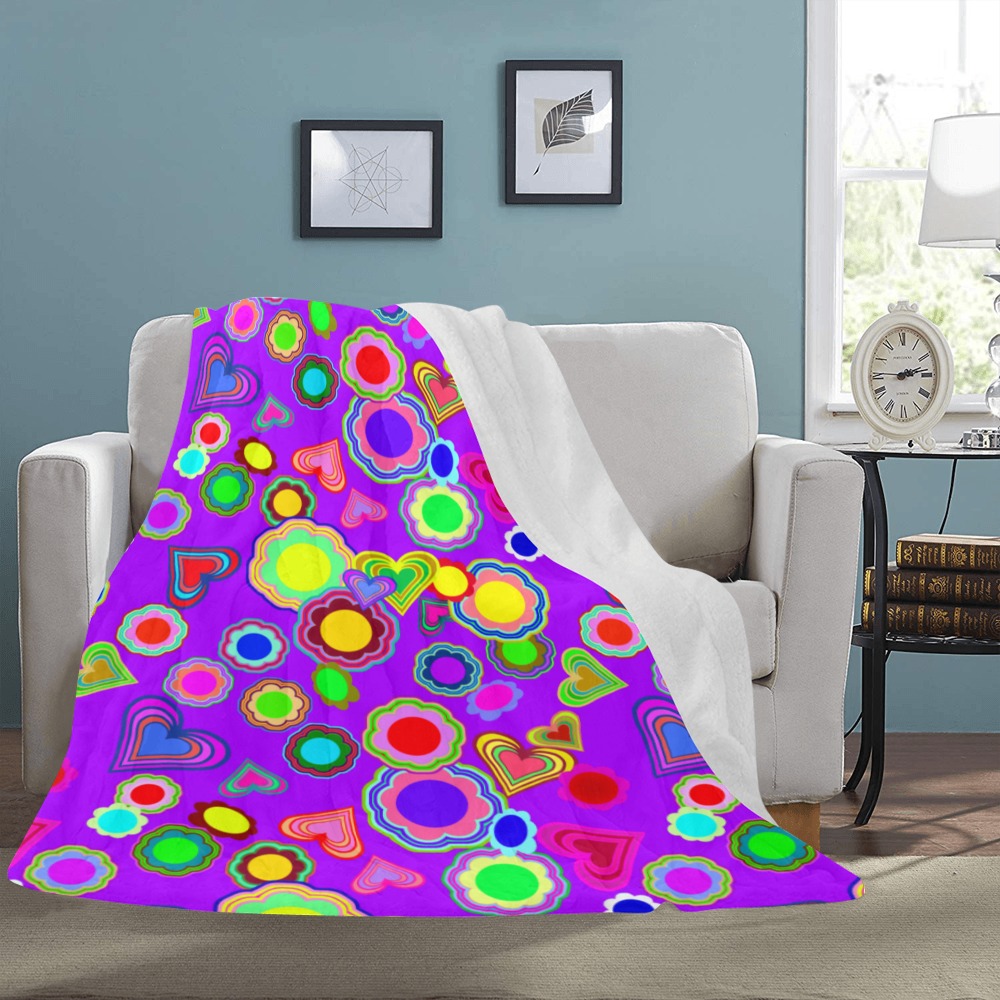 Groovy Hearts and Flowers Purple Ultra-Soft Micro Fleece Blanket 60"x80"
