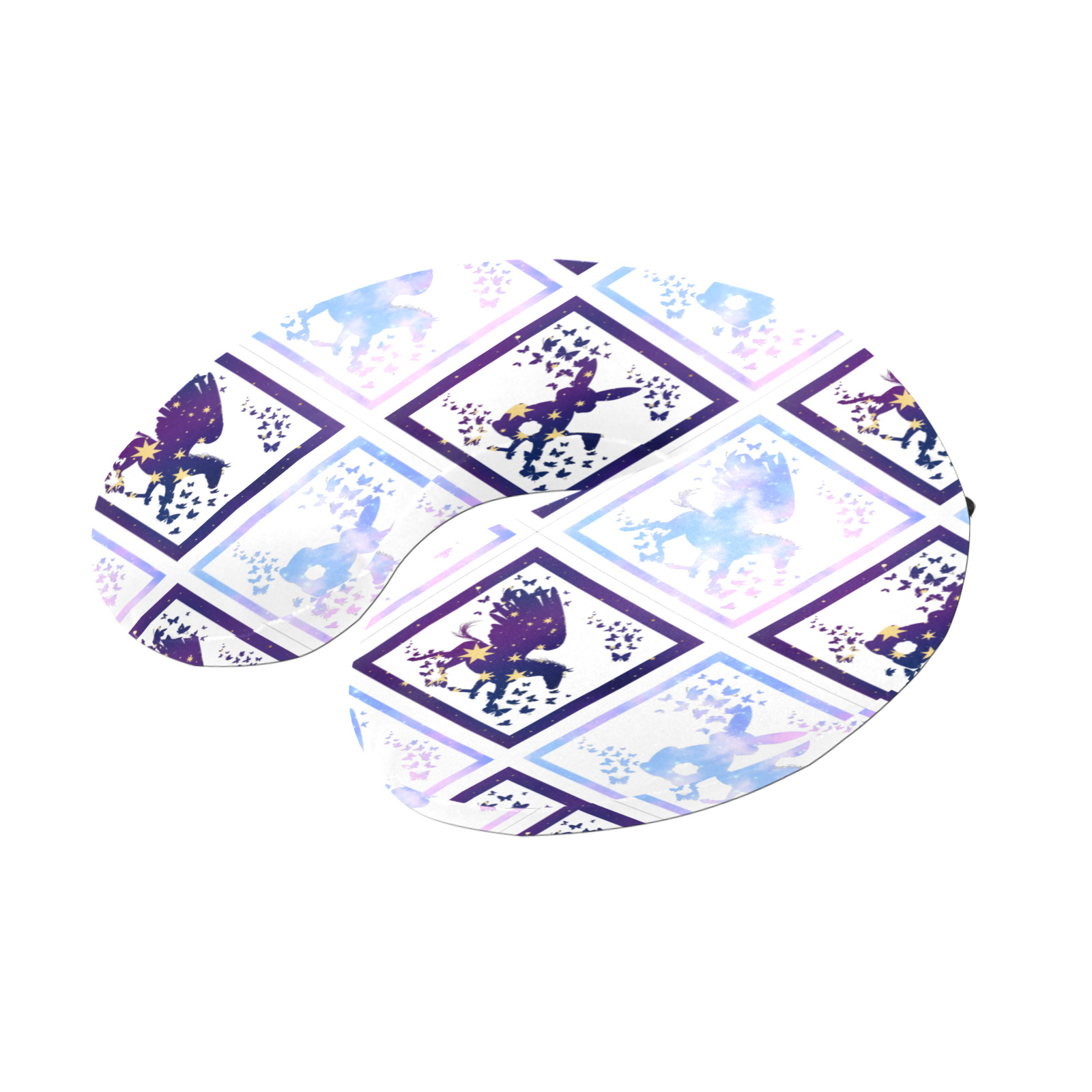 Bunny and Pegasus Together in Blue Patchwork Design U-Shape Travel Pillow