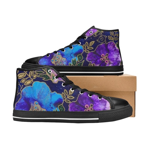 Dark Blue Floral High Top Canvas Shoes for Kid (Model 017)