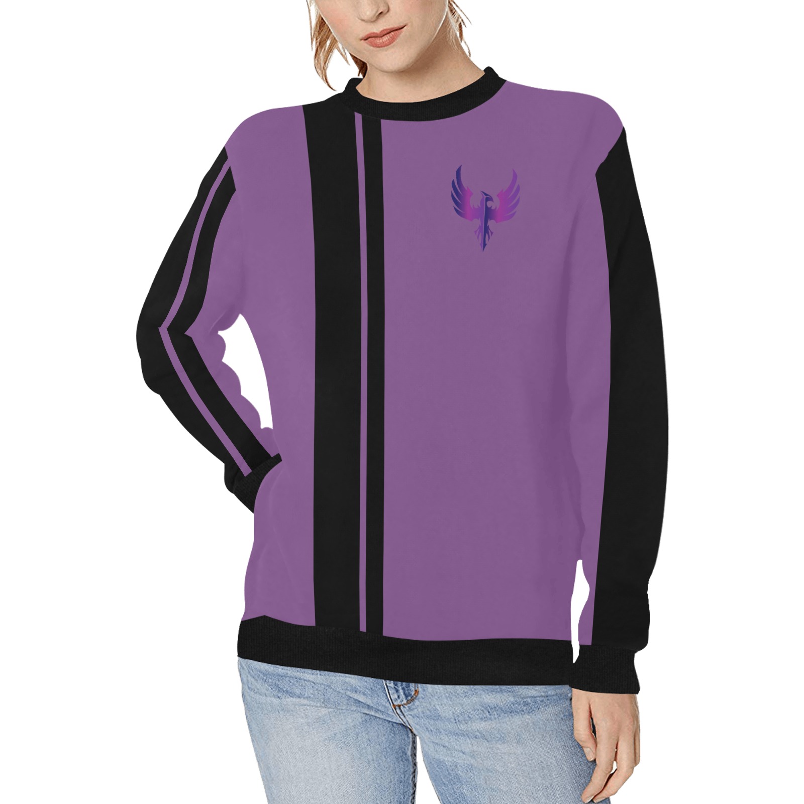 Purple and Black Line Women's Rib Cuff Crew Neck Sweatshirt (Model H34)