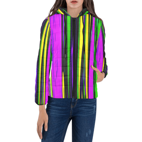 Mardi Gras Stripes Women's Padded Hooded Jacket (Model H46)