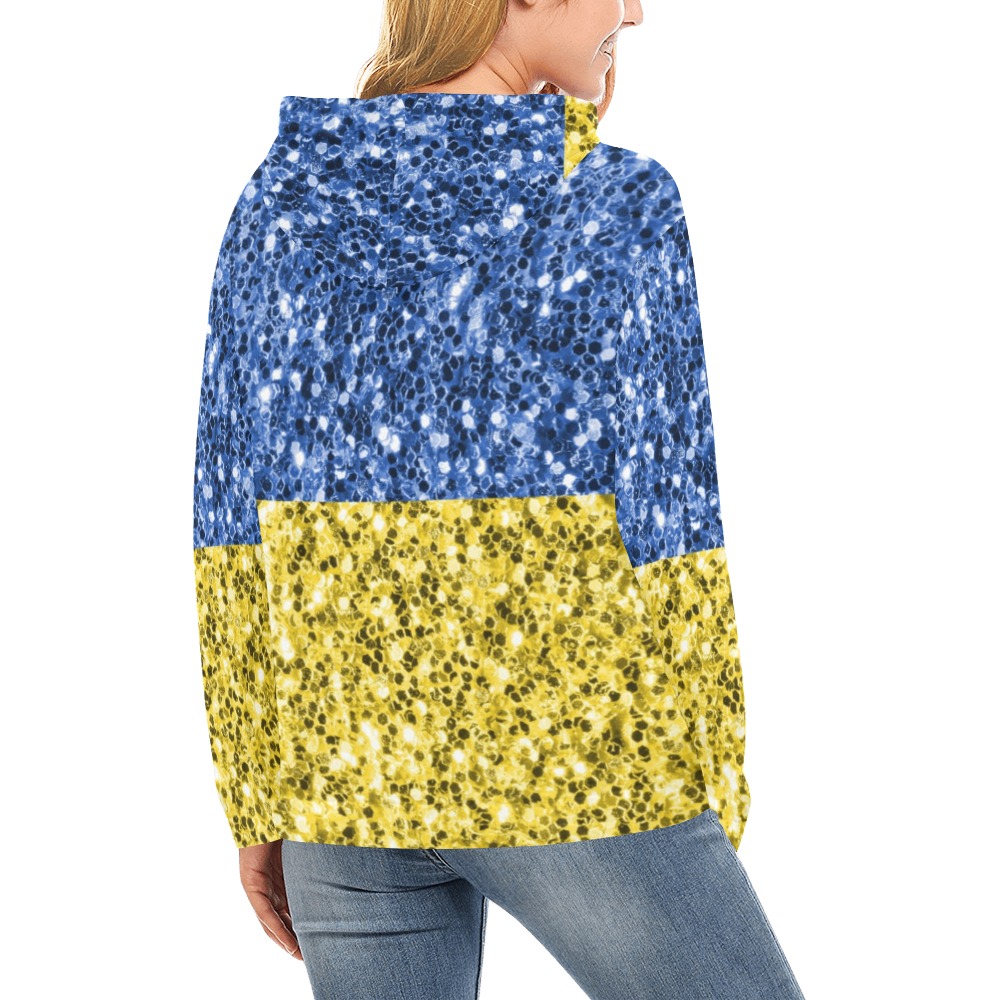 Blue yellow Ukraine flag glitter faux sparkles All Over Print Hoodie for Women (USA Size) (Model H13)