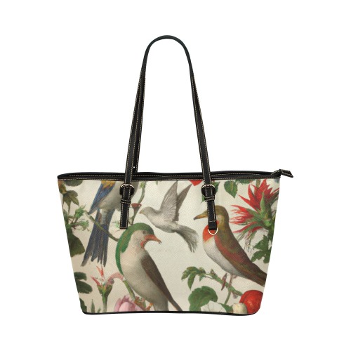 birds and flowers Leather Tote Bag/Large (Model 1651)