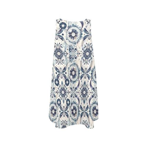 Blue and Beige Atomic Flowers Sleeveless A-Line Pocket Dress (Model D57)
