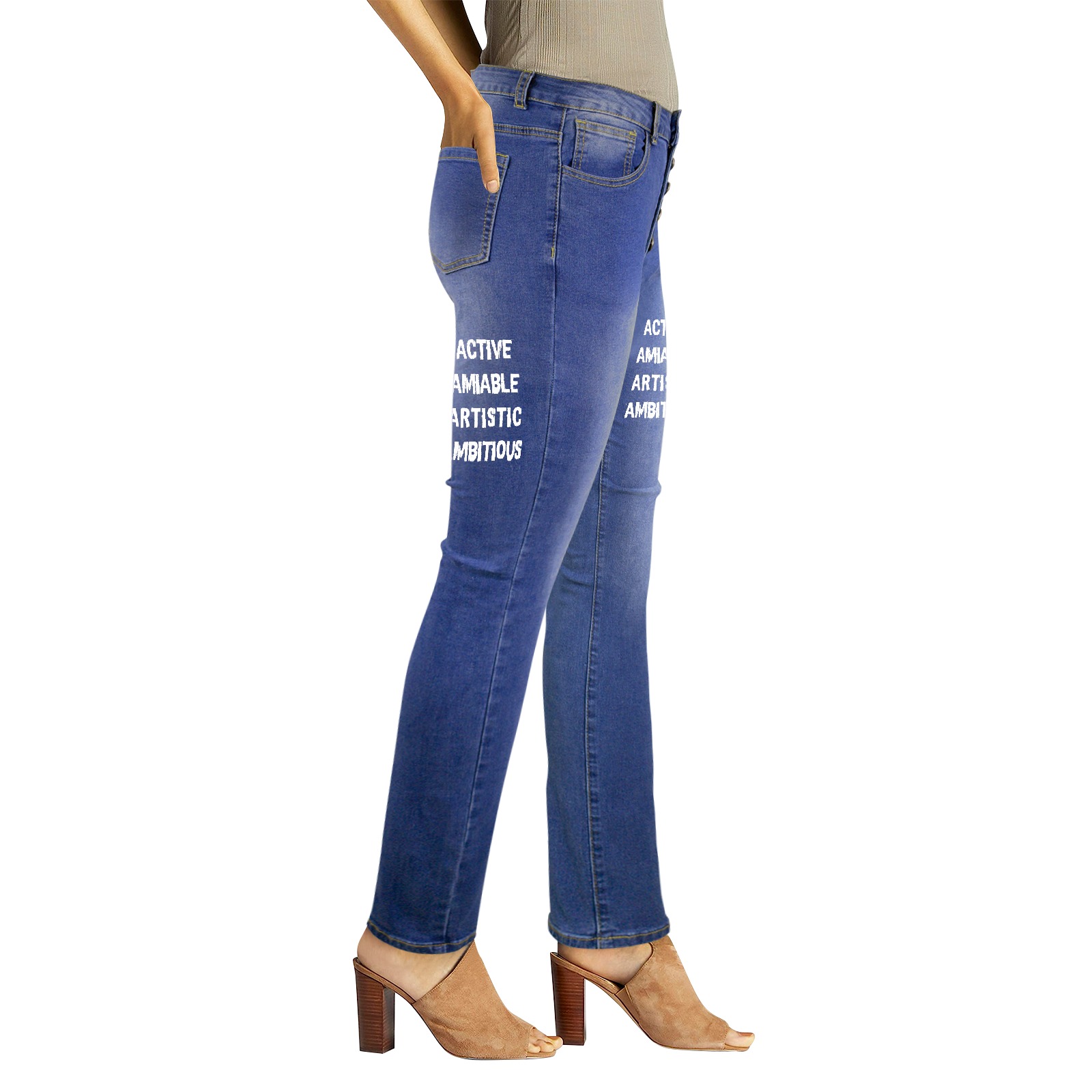 Active, amiable, artistic, ambitious white words. Women's Jeans (Front&Back Printing)