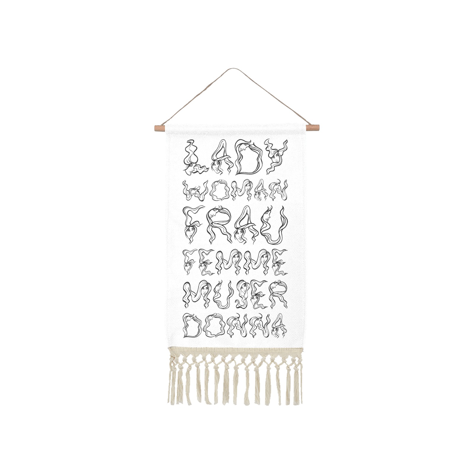 Black word WOMAN in a variety of languages art. Linen Hanging Poster
