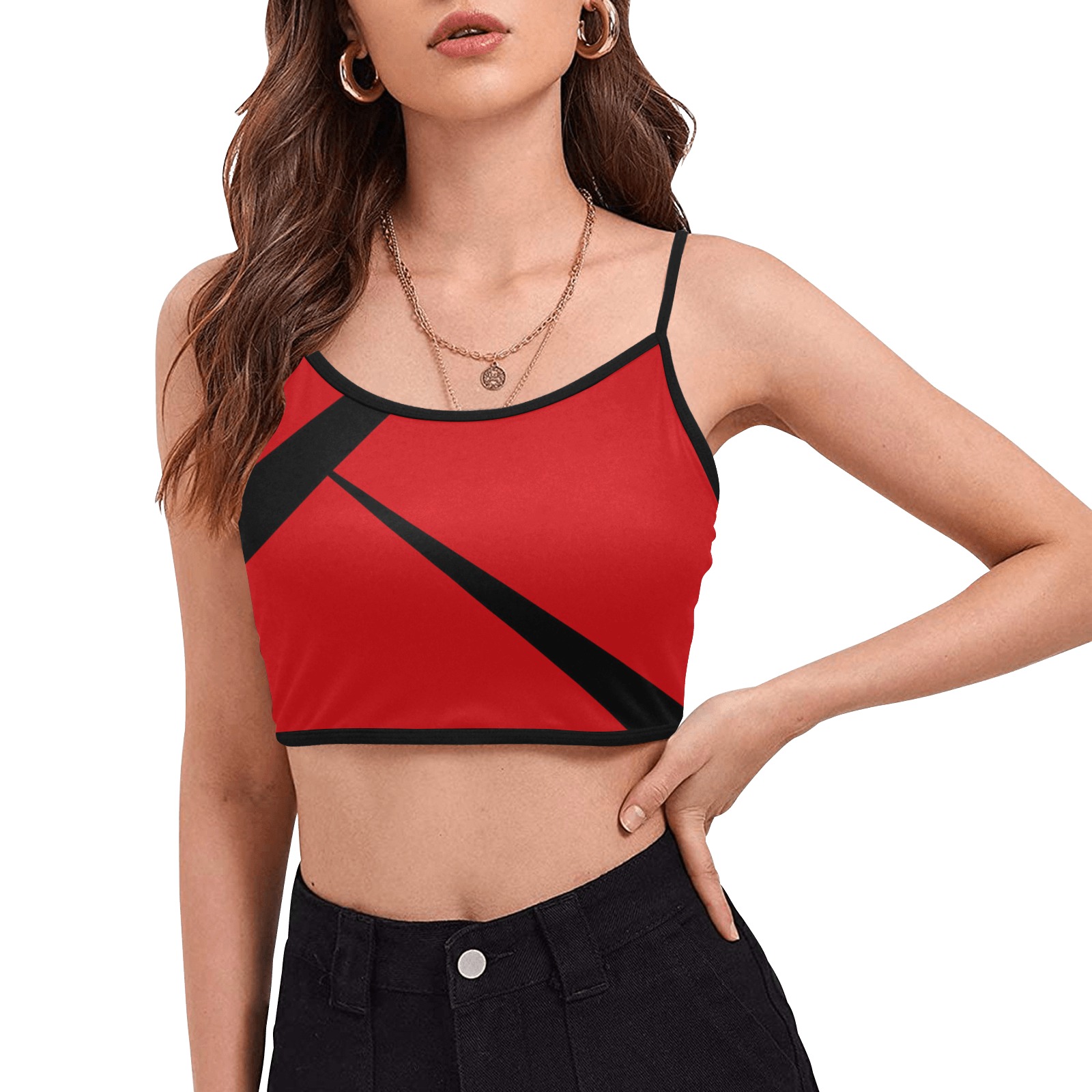 Sexy Red and Black Women's Spaghetti Strap Crop Top (Model T67)