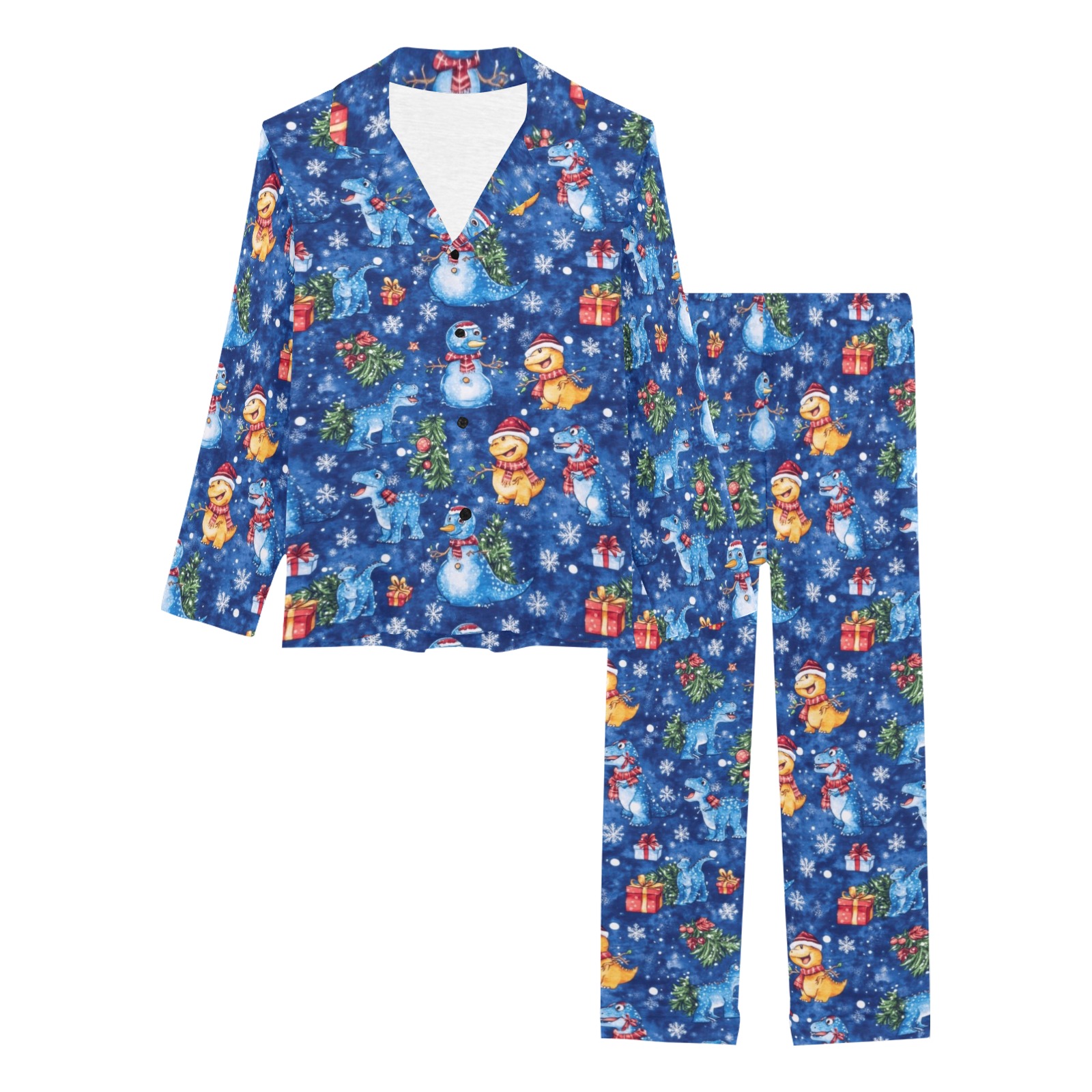 Snowman Dino Pattern Women's Long Pajama Set