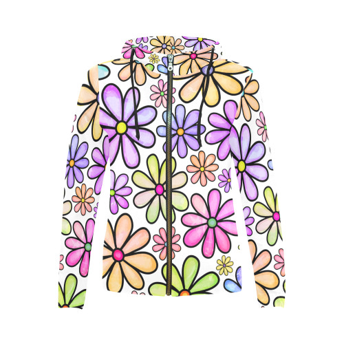 Watercolor Rainbow Doodle Daisy Flower Pattern All Over Print Full Zip Hoodie for Women (Model H14)