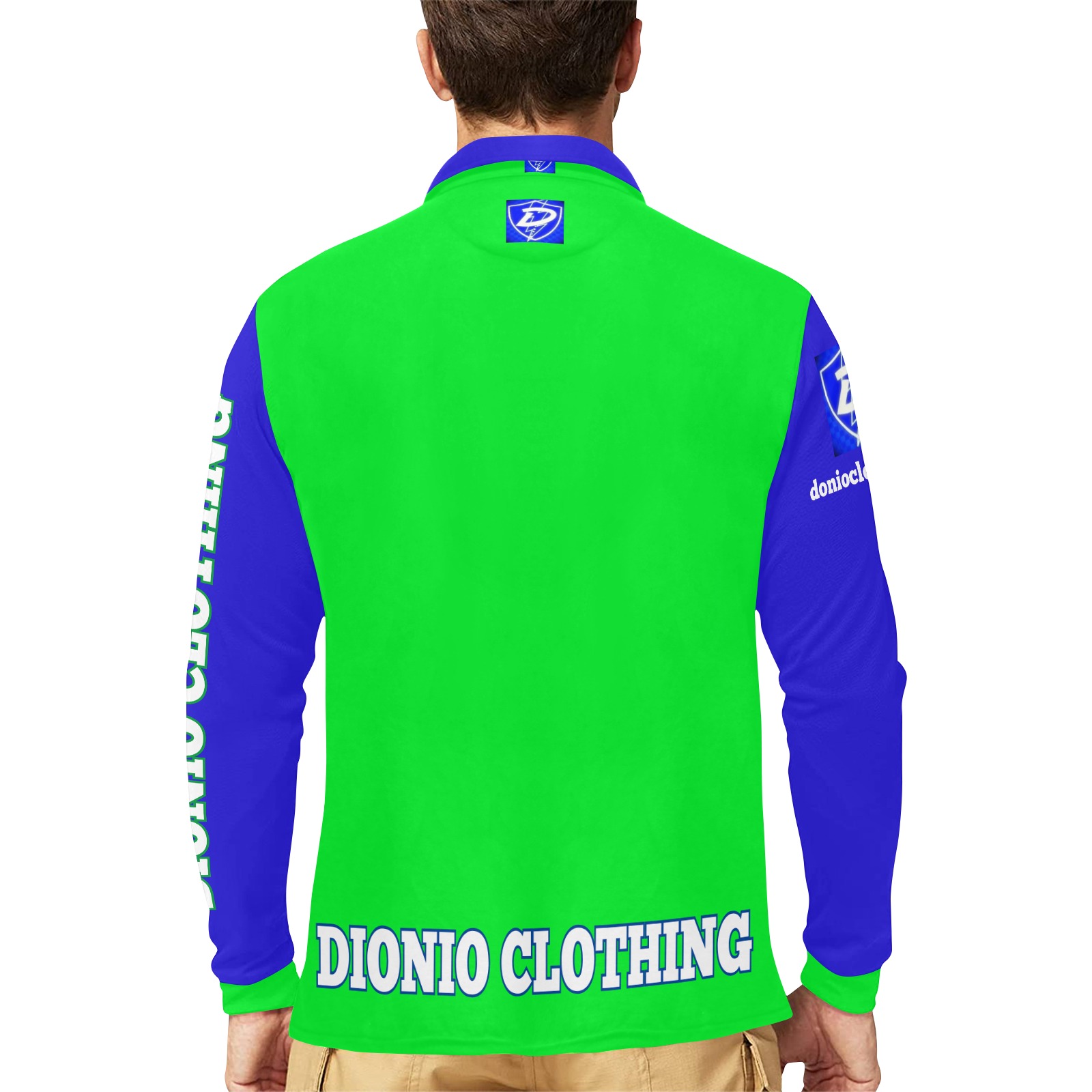 DIONIO Clothing - Neon & Blue Long Sleeve Polo Shirt (Blue D-Shield Logo) Men's Long Sleeve Polo Shirt (Model T73)