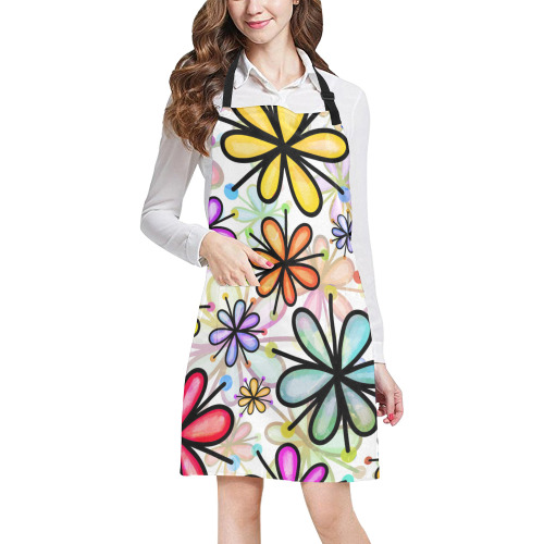 Watercolor Rainbow Doodle Daisy Flower Pattern All Over Print Apron