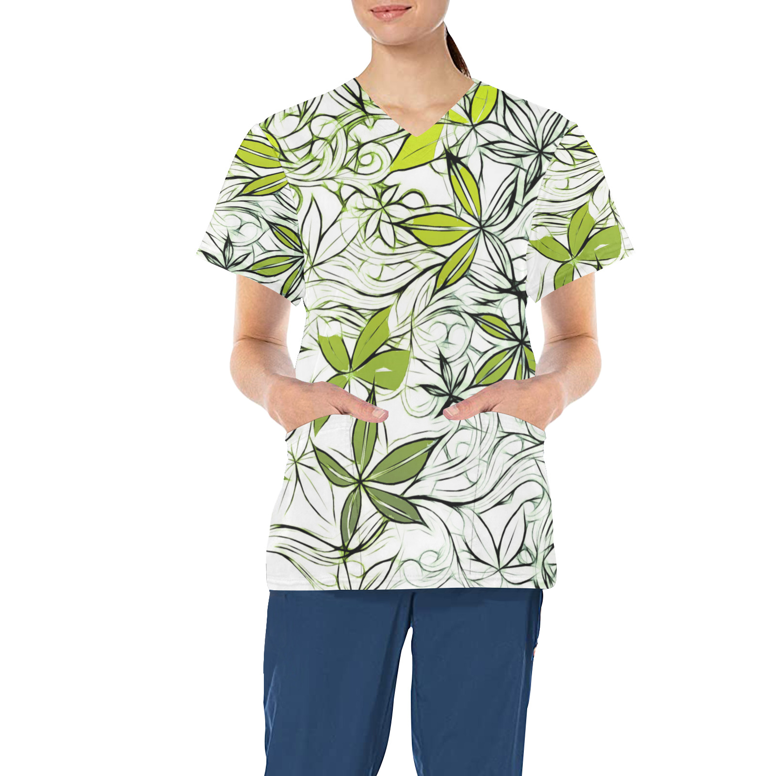 Green and White Floral pattern Children's Ward All Over Print Scrub Top