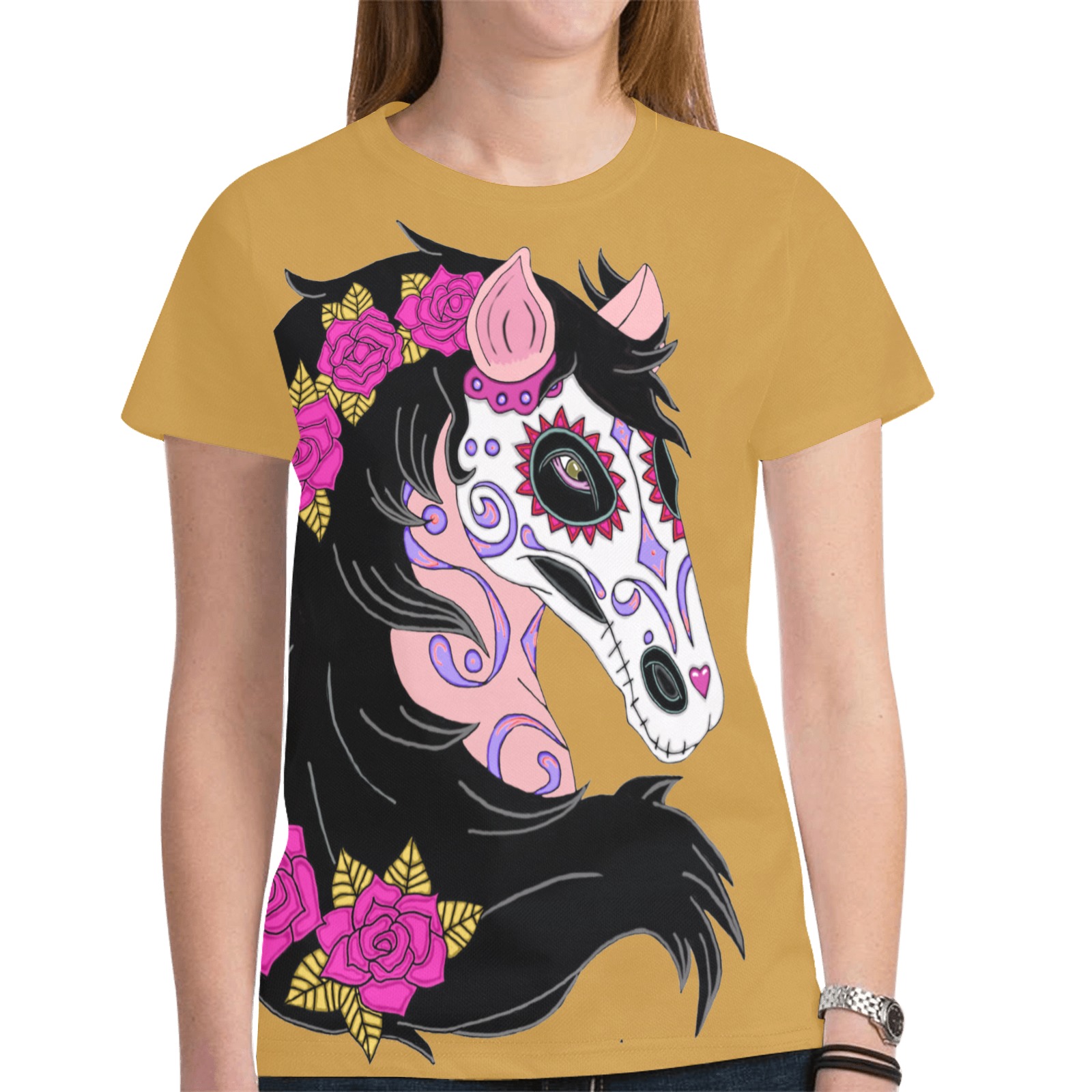 Sugar Skull Horse Pink Roses Rust Brown New All Over Print T-shirt for Women (Model T45)