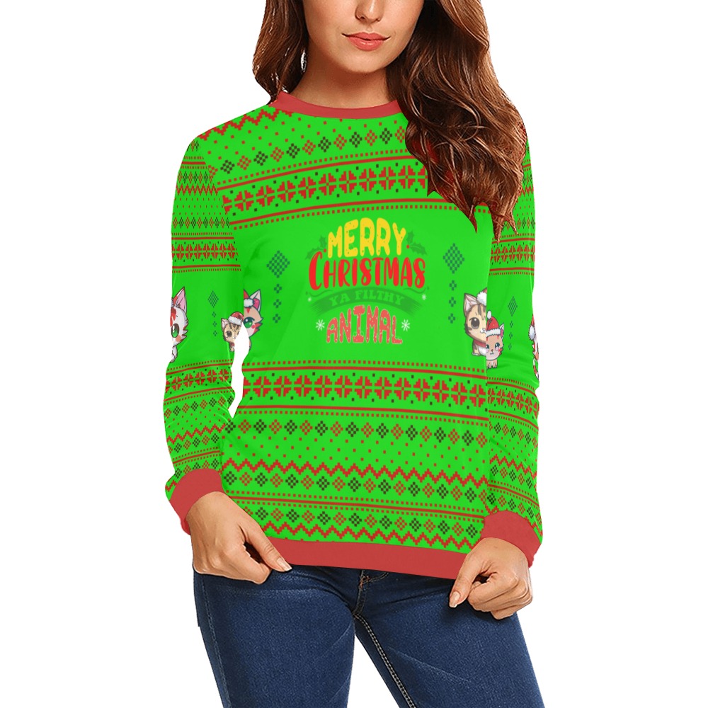 Merry Christmas You Filthy Animal Kawii Cats Ugly Sweater (G) All Over Print Crewneck Sweatshirt for Women (Model H18)