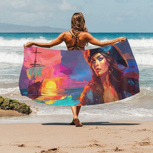 Cute pirate woman, tall ship, purple ocean sunset. Beach Towel 32"x 71"