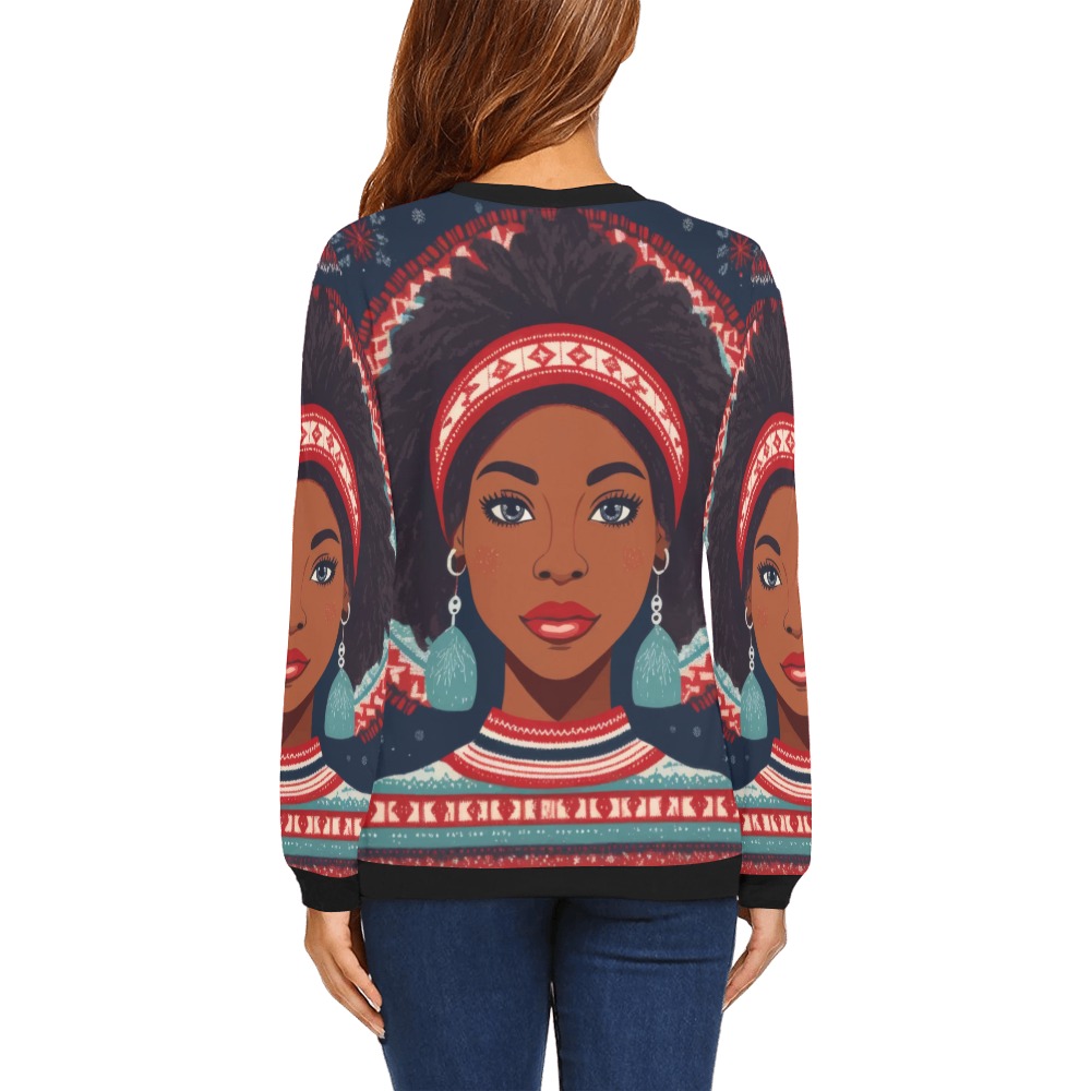 Adorable African American woman, winter snowflakes All Over Print Crewneck Sweatshirt for Women (Model H18)
