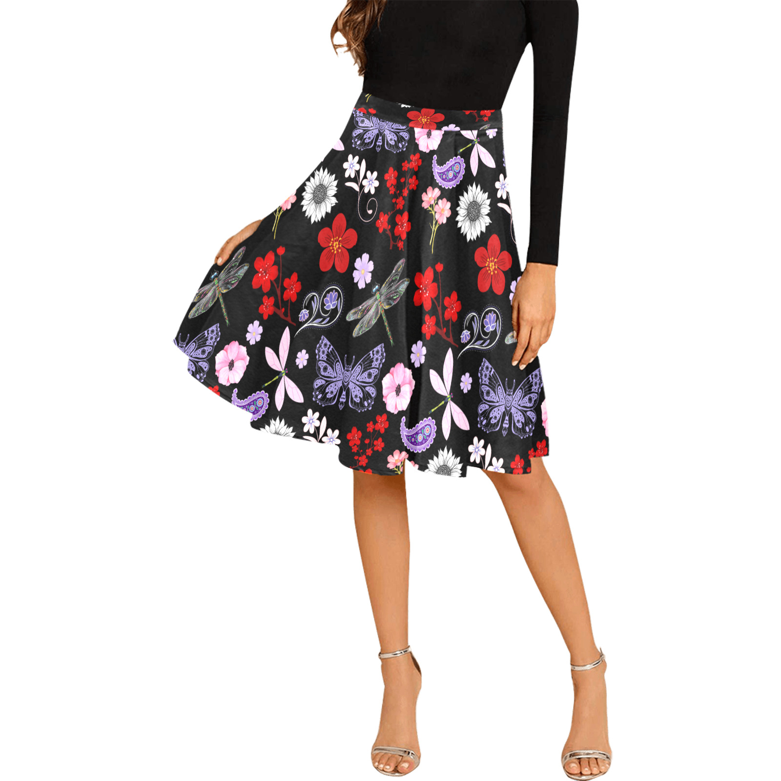 Black, Red, Pink, Purple, Dragonflies, Butterfly and Flowers Design Melete Pleated Midi Skirt (Model D15)