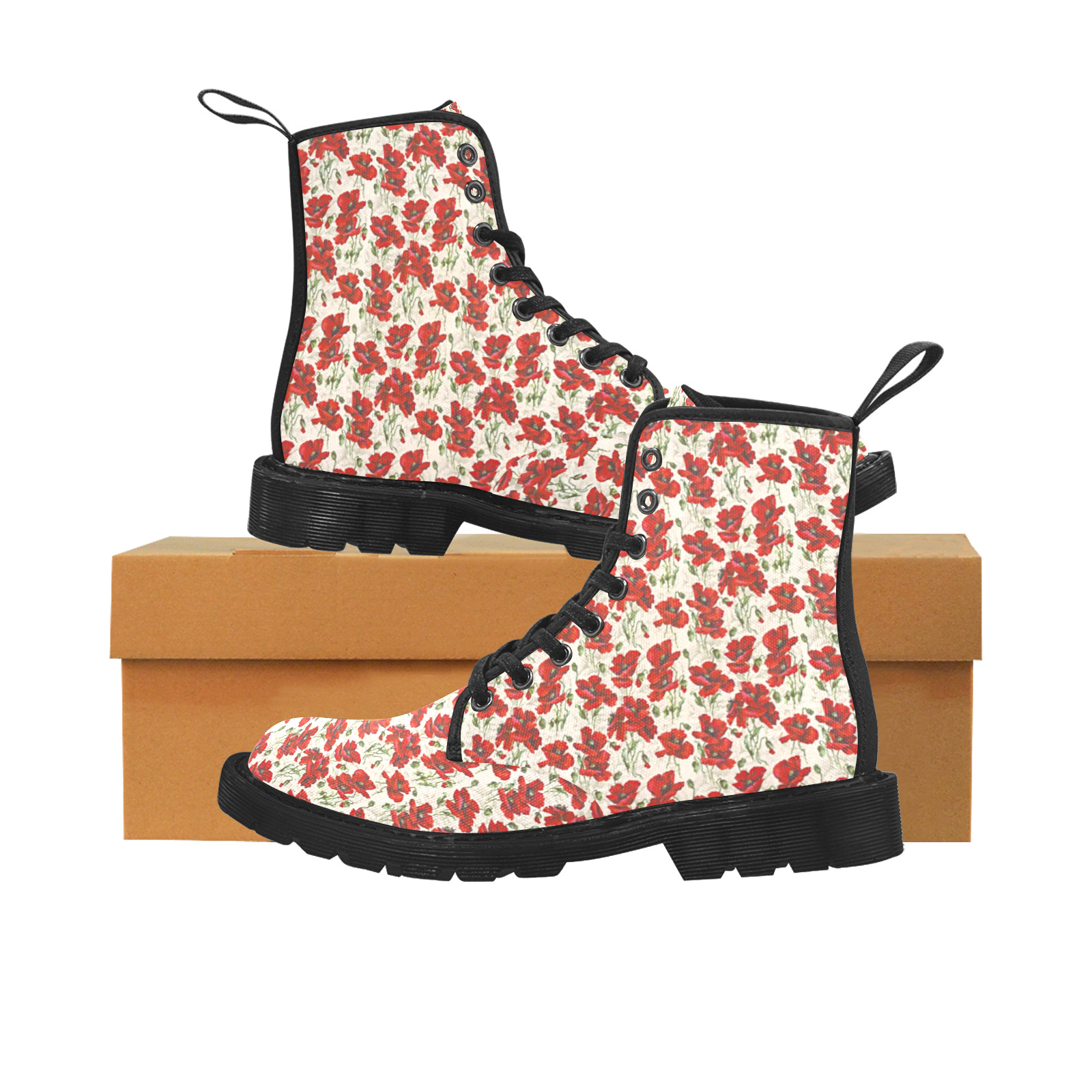 Red Poppy Flowers Vintage Floral Pattern Martin Boots for Women (Black) (Model 1203H)