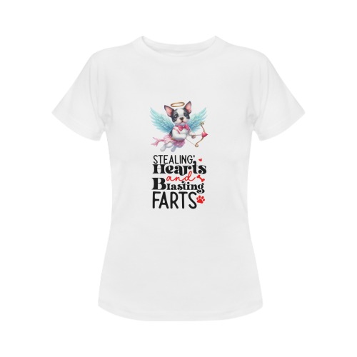 Cupid Boston Terrier Stealing Hearts and Blasting Farts Women's T-Shirt in USA Size (Two Sides Printing)