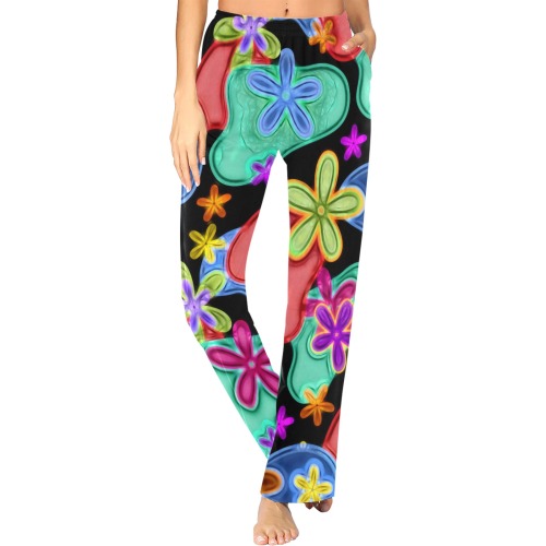 Colorful Retro Flowers Fractalius Pattern Women's Pajama Trousers