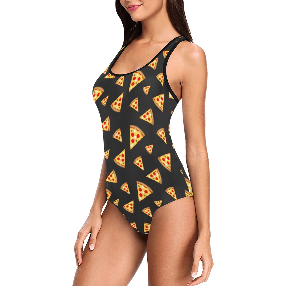 Cool and fun pizza slices dark gray pattern Vest One Piece Swimsuit (Model S04)