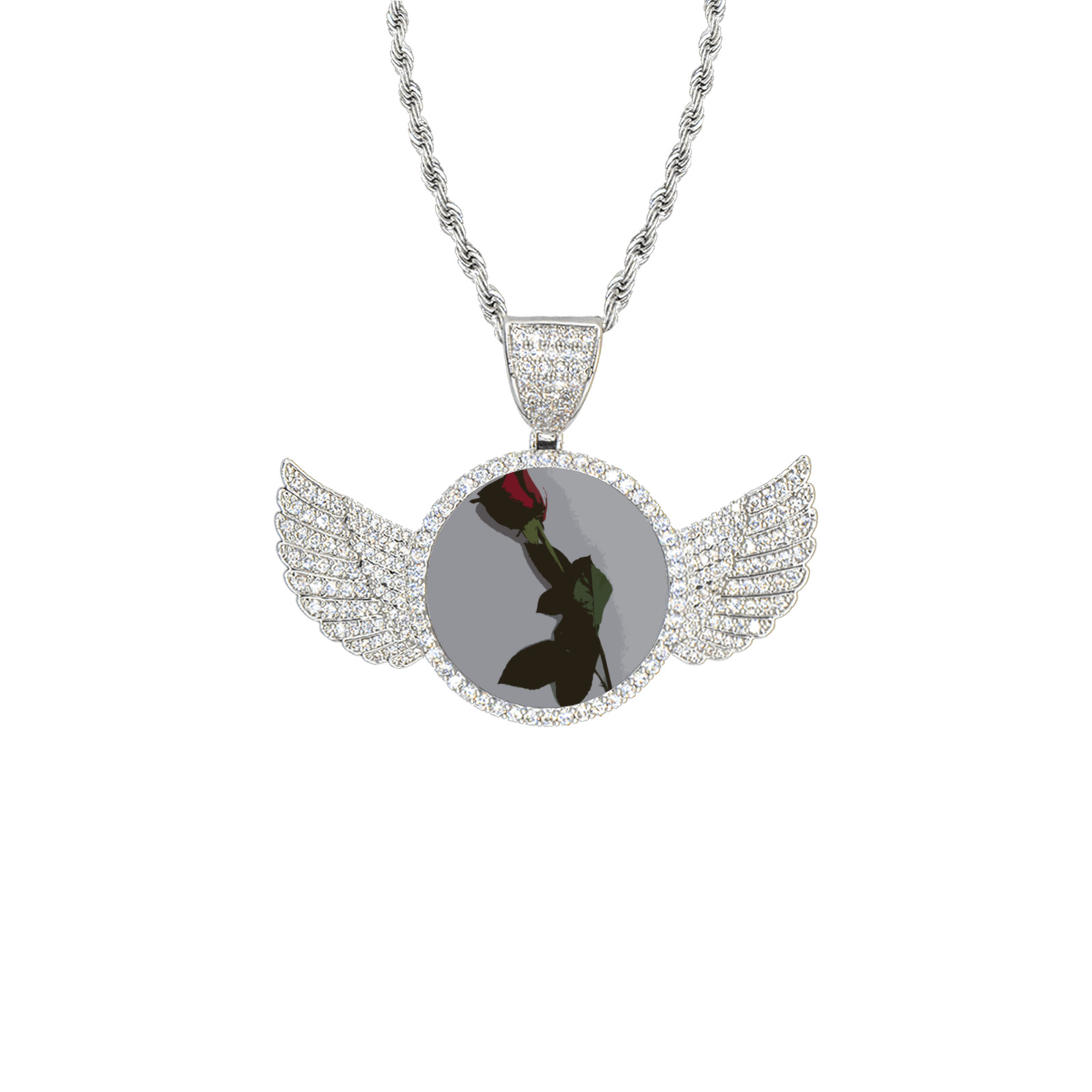 red rose Wings Silver Photo Pendant with Rope Chain