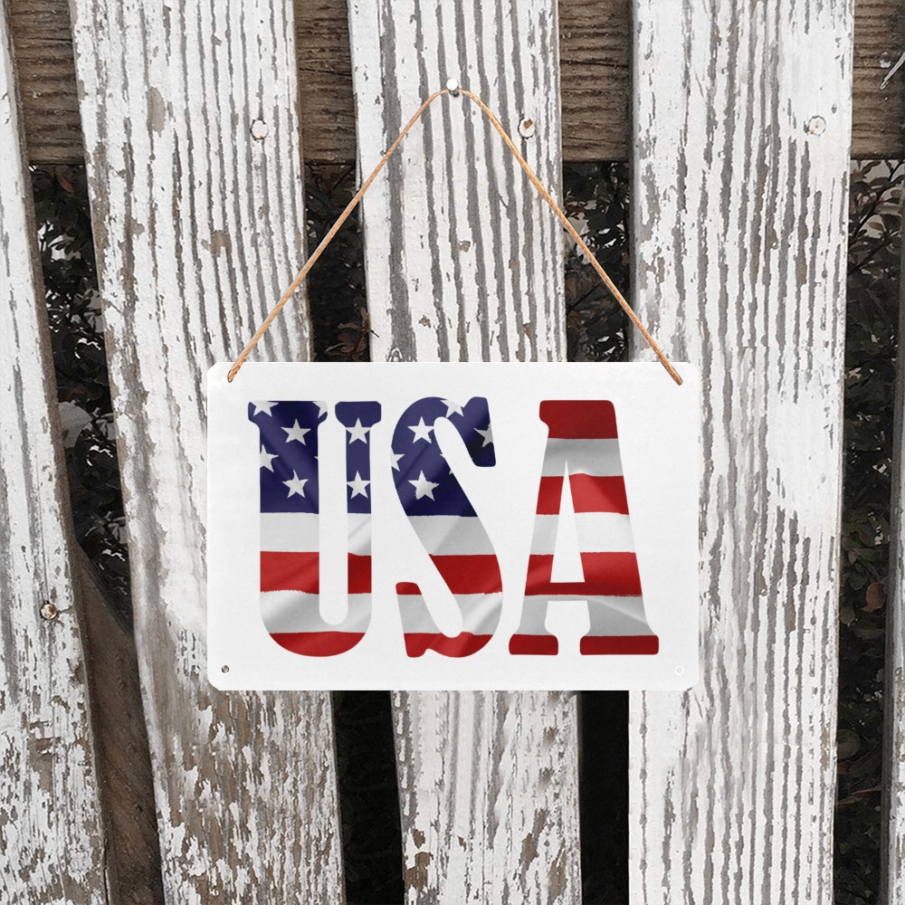 USA text decorated with the American flag art. Metal Tin Sign 12"x8"