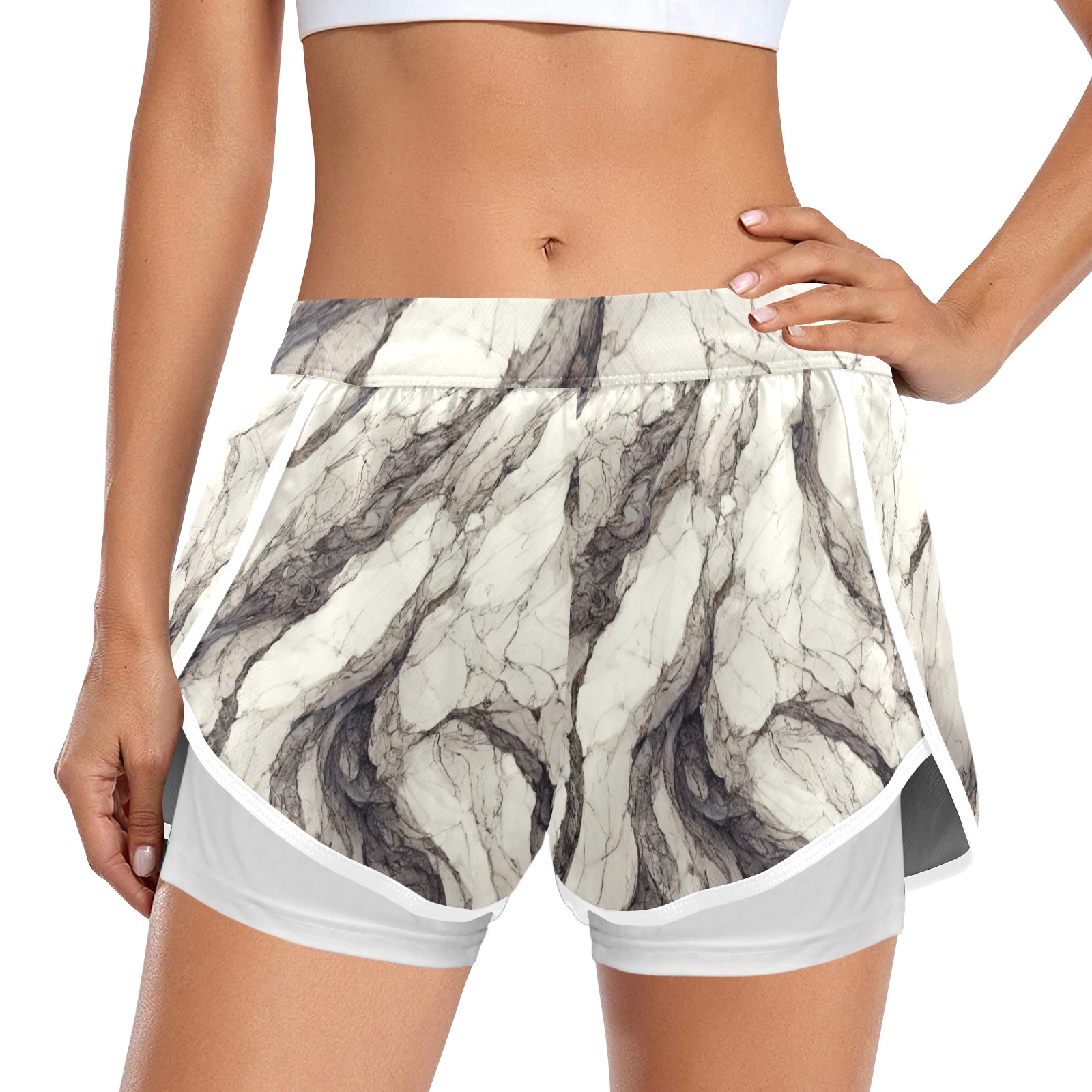 Texture-marble-white-345 Women's Sports Shorts with Compression Liner (Model L63)