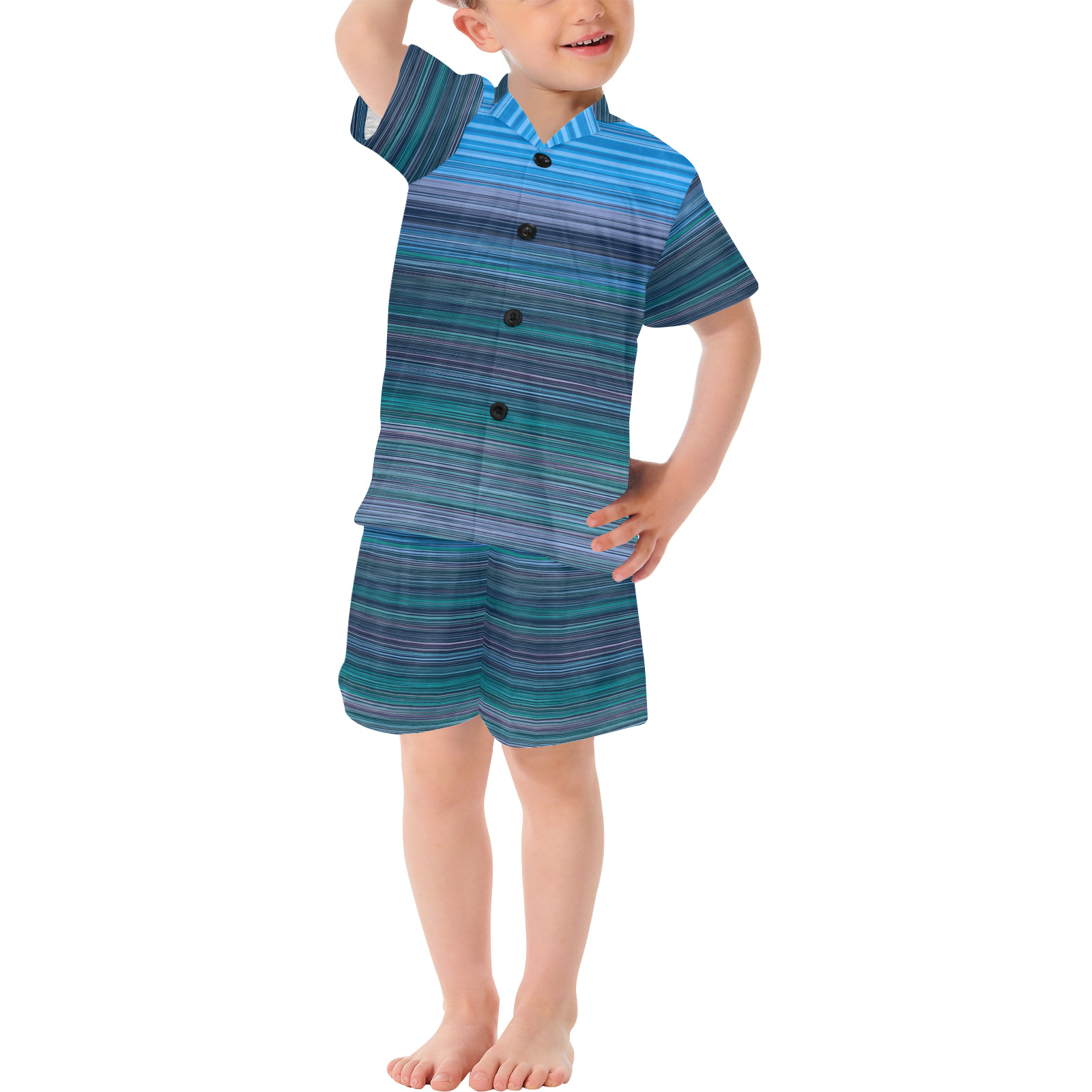 Abstract Blue Horizontal Stripes Little Boys' V-Neck Short Pajama Set