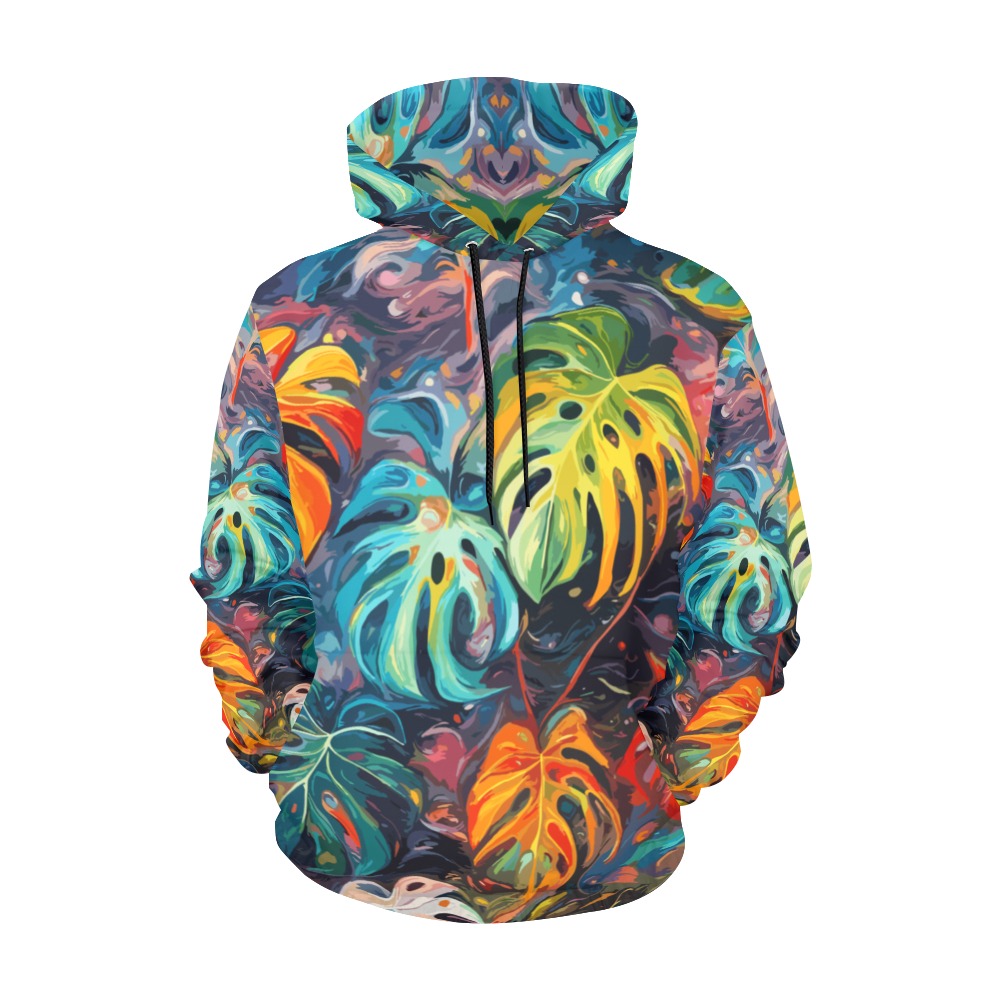 Mix of colorful monstera leaves. Tropical plants. All Over Print Hoodie for Women (USA Size) (Model H13)