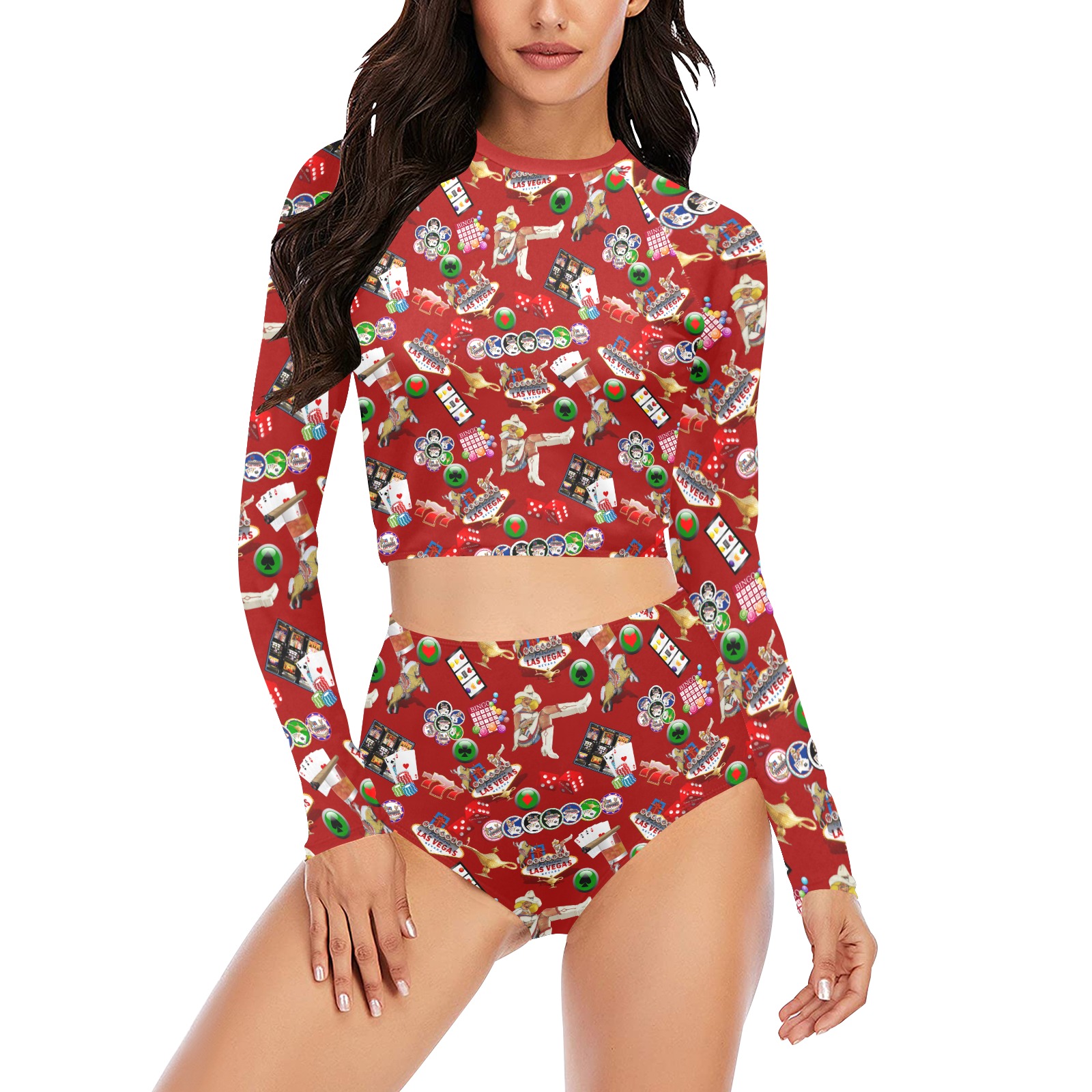 Las Vegas Icons Gamblers Delight / Red Long Sleeve Bikini Set (Model S27)