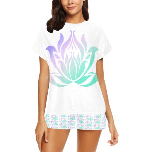 Sea Green and Lilac Gradient Lotus Flower Women's Short Pajama Set