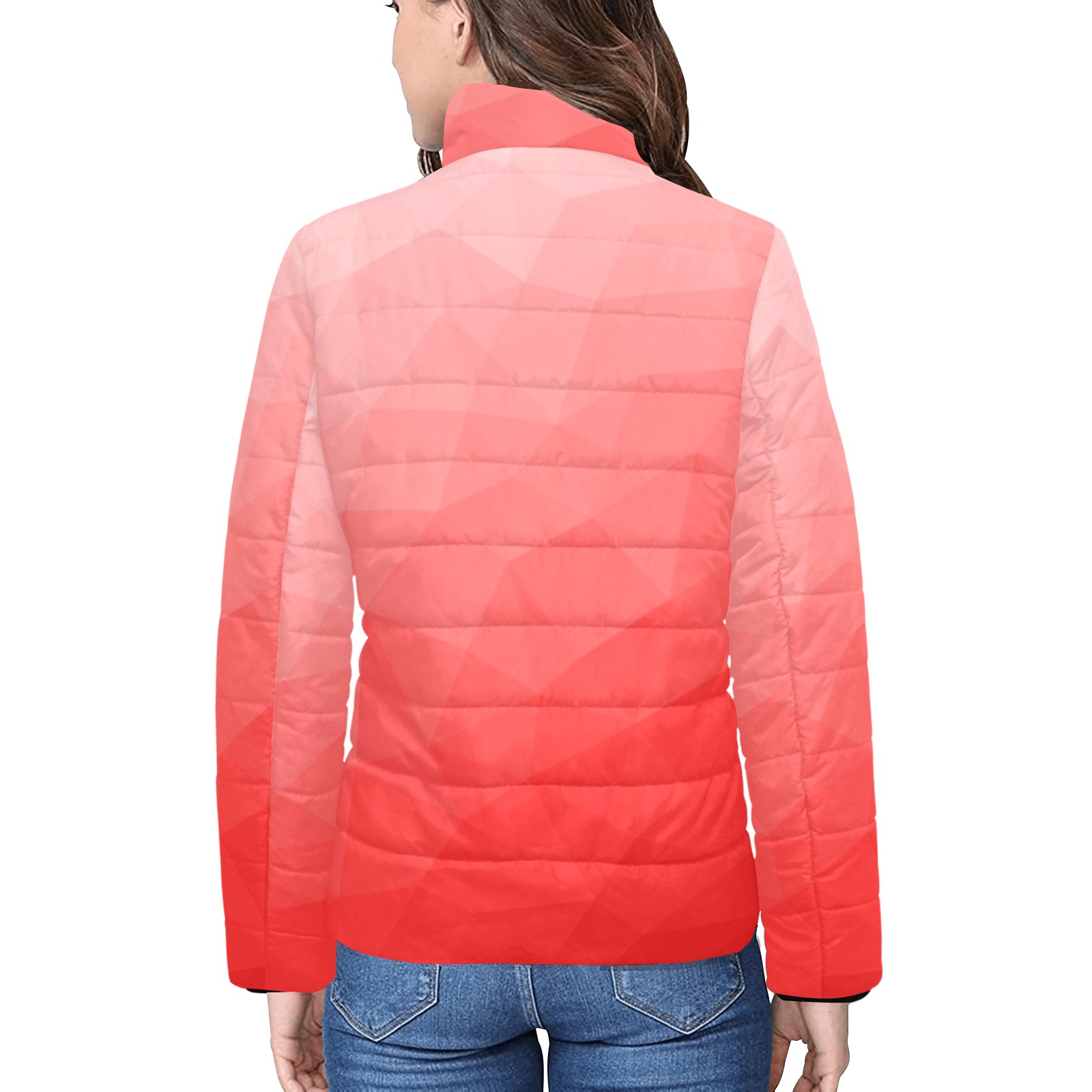 Red gradient geometric mesh pattern Women's Stand Collar Padded Jacket (Model H41)