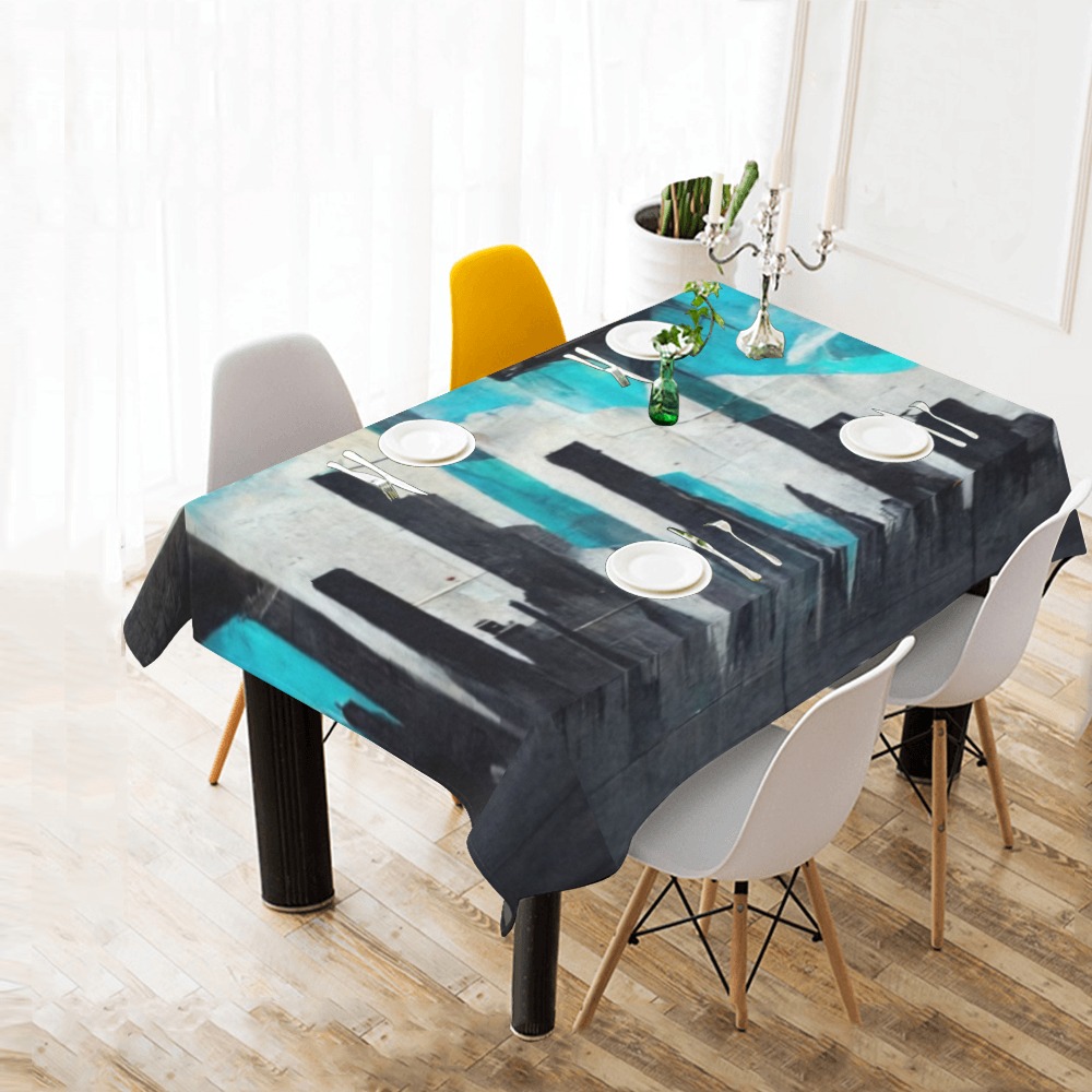 graffiti building's turquoise and black Cotton Linen Tablecloth 60"x 84"