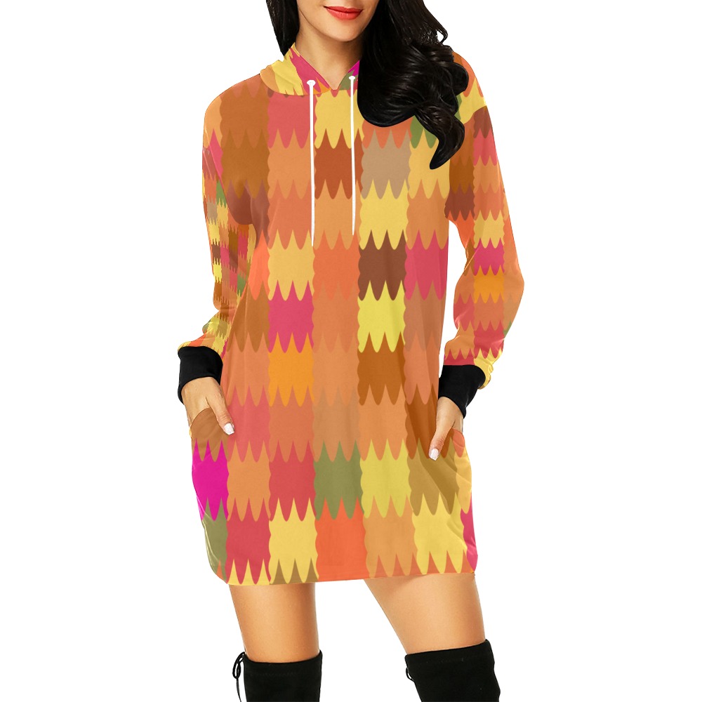 Orange Zigzag Color Blocks All Over Print Hoodie Mini Dress (Model H27)