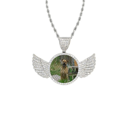 A Smiling Dog Wings Silver Photo Pendant with Rope Chain
