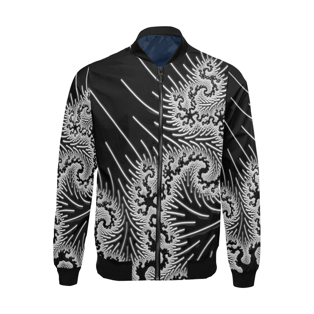 White and Silver Lace on Black Fractal Abstract All Over Print Bomber Jacket for Men (Model H19)