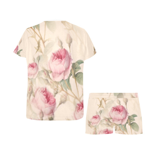 Vintage Pink Rose Garden Pattern Women's Short Pajama Set