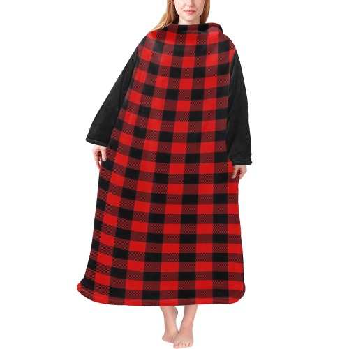 LUMBERJACK Squares Fabric - red black Blanket Robe with Sleeves for Adults