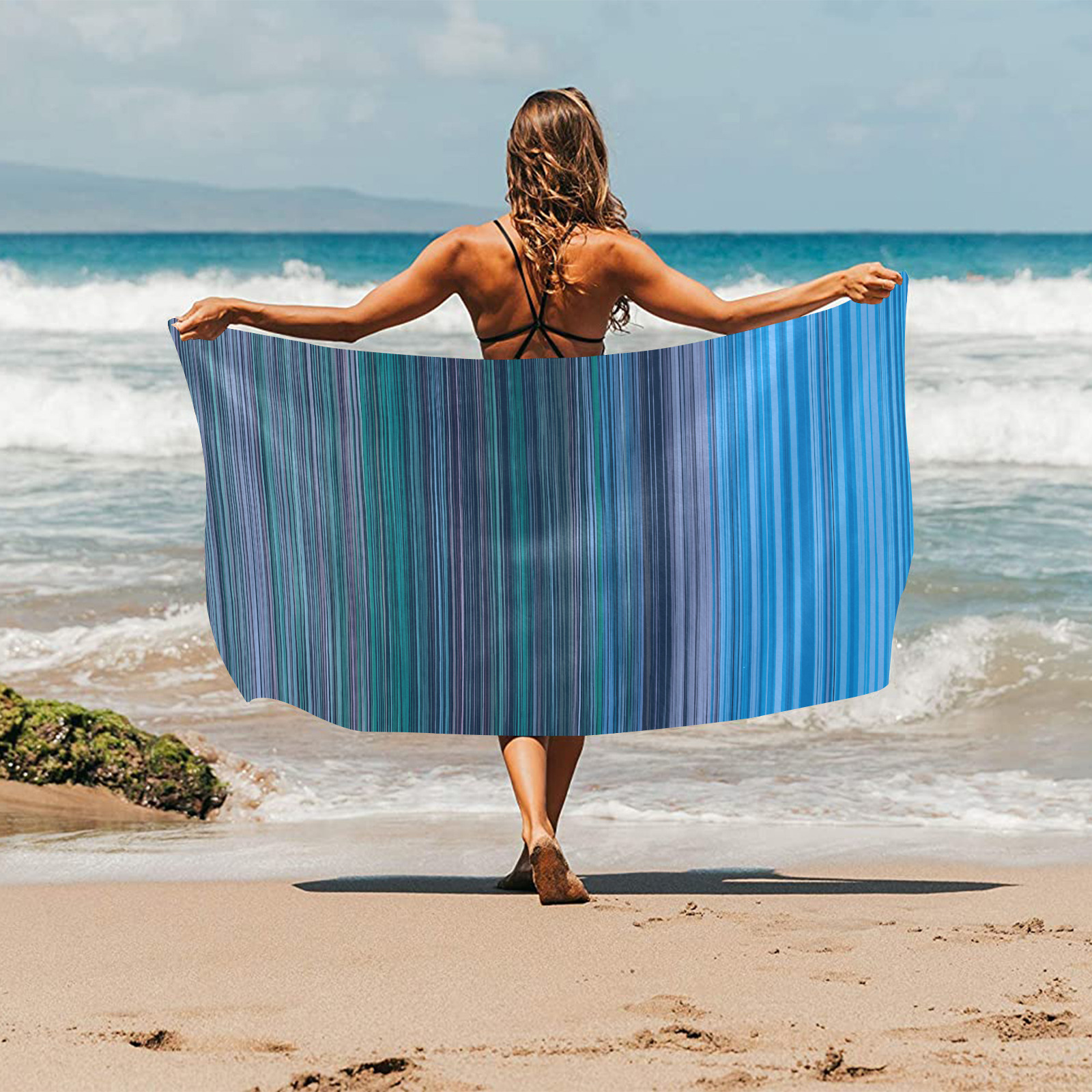 Abstract Blue Horizontal Stripes Beach Towel 30"x 60"