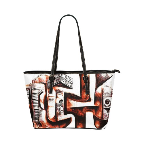 graffiti building's brown and white Leather Tote Bag/Large (Model 1651)