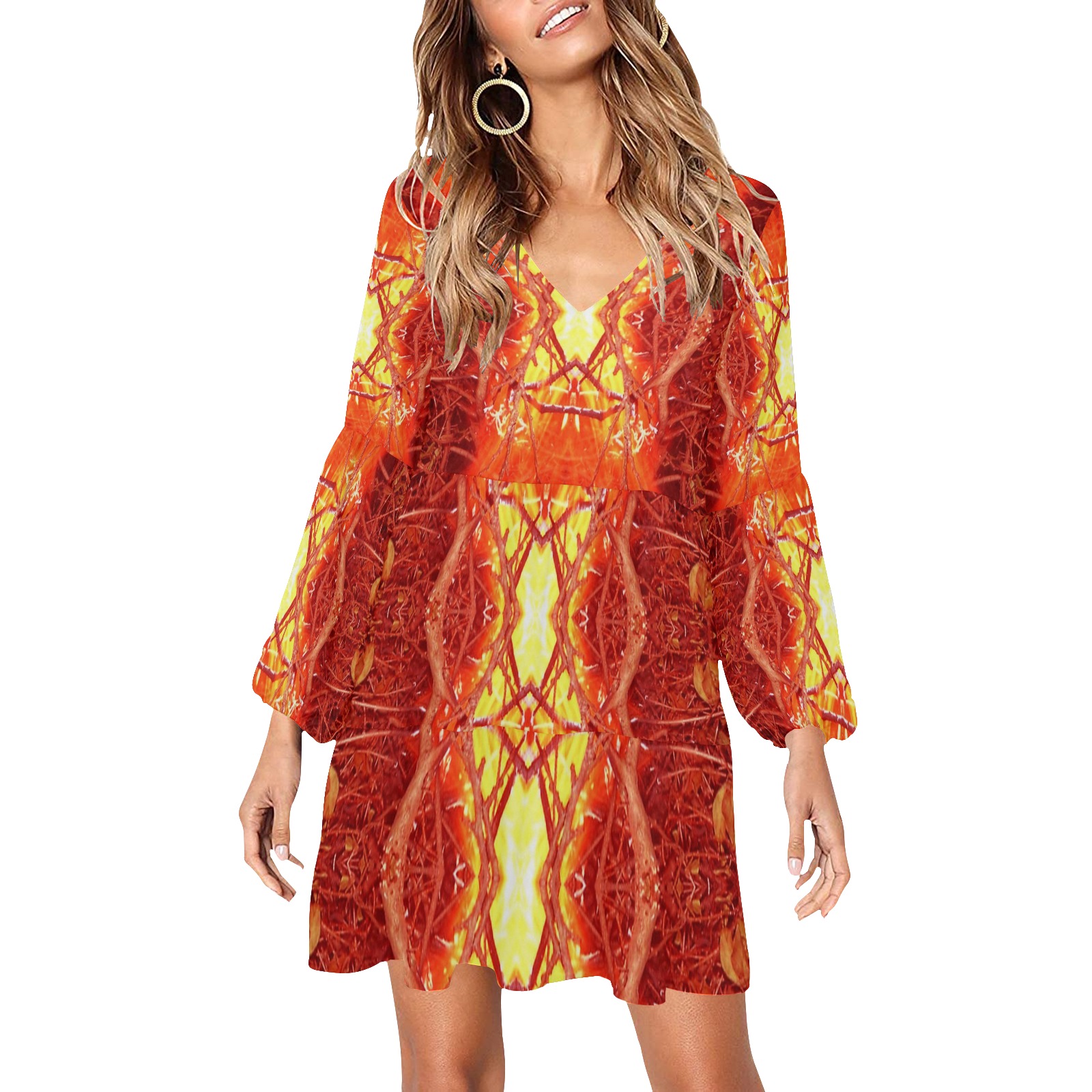 Abstract Fire V-Neck Loose Fit Dress (Model D62)