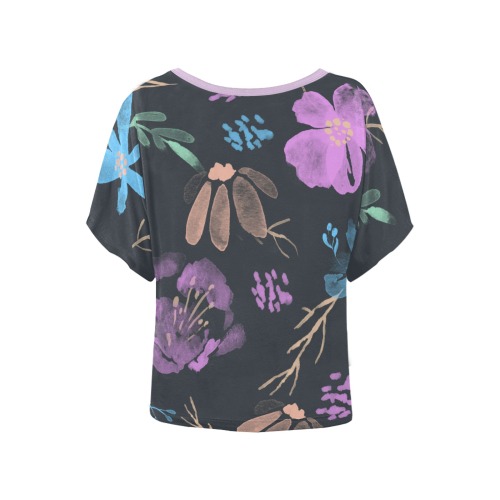 Pink and Blue Watercolor Flowers Women's Batwing-Sleeved Blouse T shirt (Model T44)