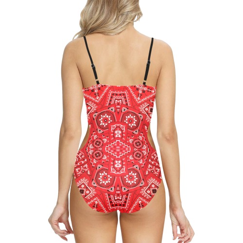 Bandana Squares Red Spaghetti Strap Cut Out Sides Swimsuit (Model S28)
