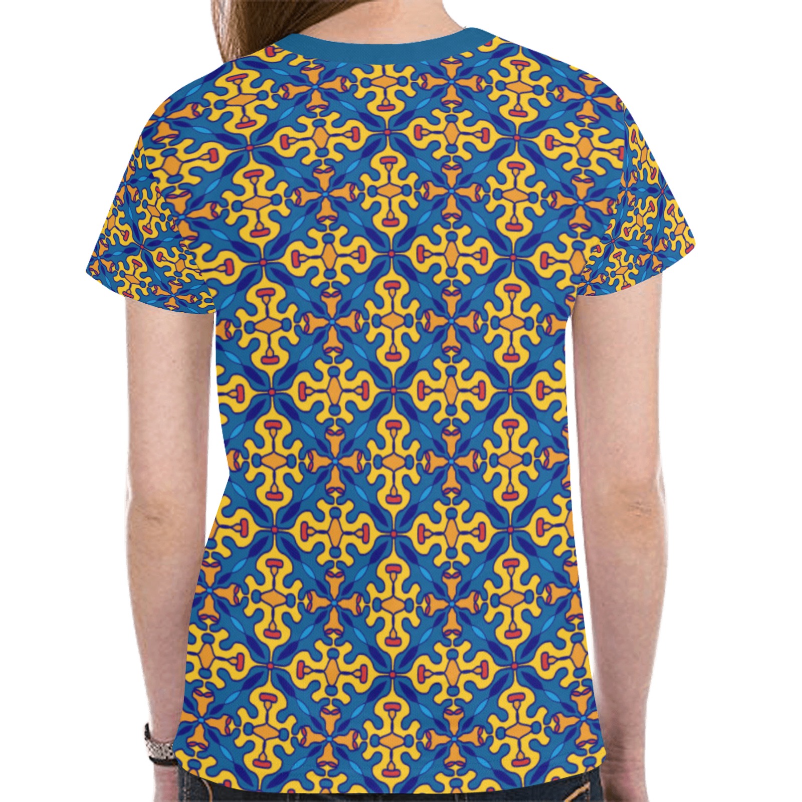 Classic Blue and Gold Batik Pattern New All Over Print T-shirt for Women (Model T45)
