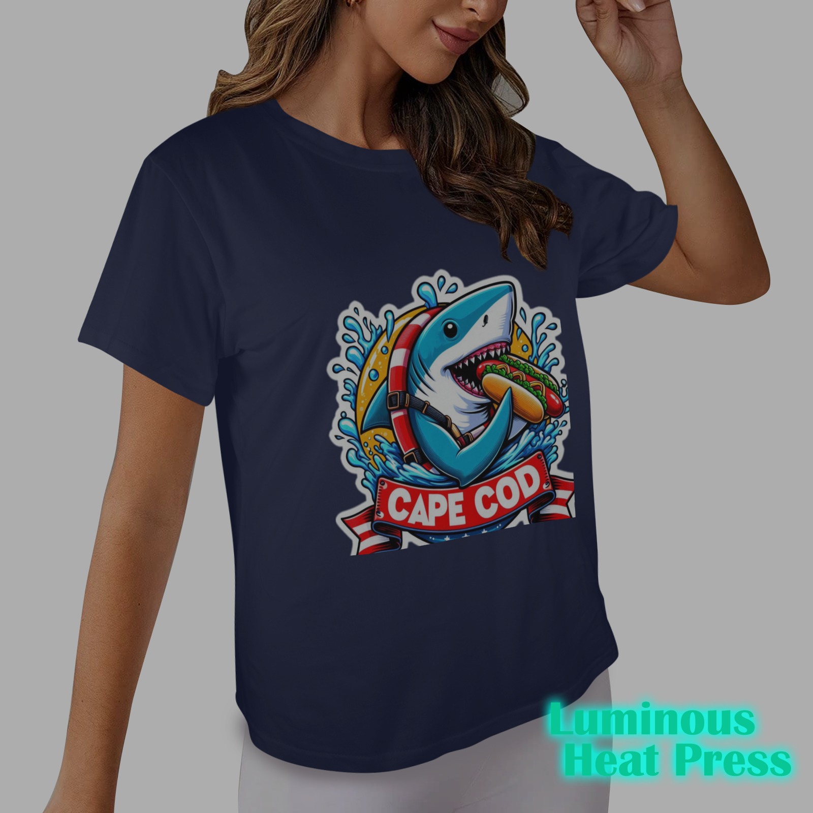 CAPE COD-GREAT WHITE EATING HOT DOG Women's Glow in the Dark T-shirt (Front Printing)